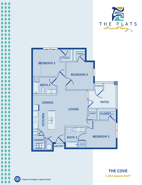 Floor plan for 3 beds, 2 baths, 1364 sqft